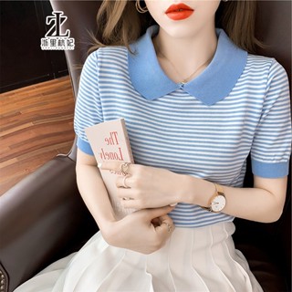  Áo thun polo dệt kim ZHELIHANGFEI tay ngắn vải lụa lạnh họa tiết kẻ sọc thời trang dễ thương cho nữ 