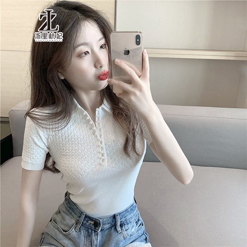 Áo thun polo ZHELIHANGFEI ngắn tay dáng ôm vải lụa lạnh đính nút ngọc trai thời trang cho nữ | BigBuy360 - bigbuy360.vn