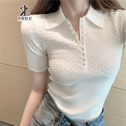 Áo thun polo ZHELIHANGFEI ngắn tay dáng ôm vải lụa lạnh đính nút ngọc trai thời trang cho nữ | BigBuy360 - bigbuy360.vn
