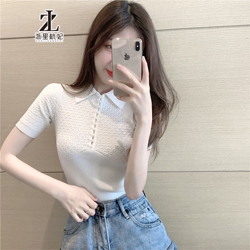 Áo thun polo ZHELIHANGFEI ngắn tay dáng ôm vải lụa lạnh đính nút ngọc trai thời trang cho nữ | BigBuy360 - bigbuy360.vn