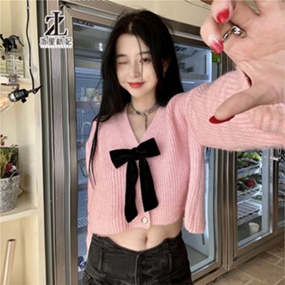 ZHELIHANGFEI Áo Cardigan Dệt Kim Tay Dài Cổ Chữ V Thắt Nơ Eo Xinh Xắn