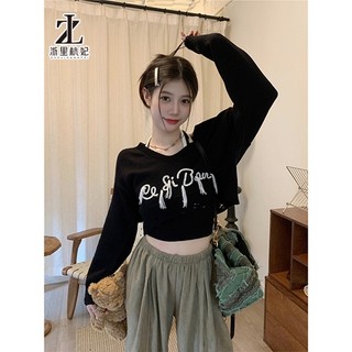 ZHELIHANGFEI Áo Thun Tay Dài Dệt Kim Hở Rốn Eo Cao Thêu Họa Tiết Phong Cách Mỹ