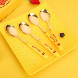 Nhỏ Vịt Vàng Tay Cầm Thìa Thép Không Gỉ Hoạt Hình Dễ Thương Đóng Hộp Hộ Gia Đình Người Lớn Trẻ Em Thìa Canh Ăn Thìa Thìa