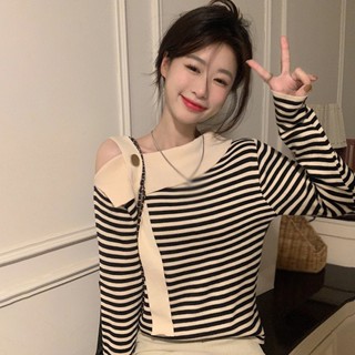 Áo Sweater Dệt Kim Trễ Vai Tay Dài Họa Tiết Kẻ Sọc Thời Trang Quyến Rũ Cho Nữ