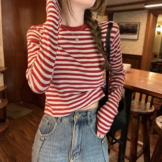 Áo Thun Crop Top Tay Dài Cổ Tròn Họa Tiết Kẻ Sọc Màu Sắc Tương Phản Thời Trang Xuân Thu Cho Nữ