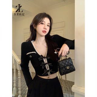 ZHELIHANGFEI Áo Cardigan Dệt Kim Tay Dài Cổ Chữ V Thắt Nơ Eo Cao Phong Cách Pháp