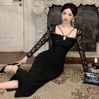 Đầm Dự Tiệc Màu Đen Dáng Dài Cổ Tròn Tay Dài Ôm Eo Đính Đá Kiểu Pháp Xinh Xắn