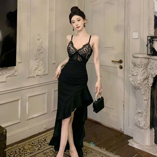 Đầm Dài Hai Dây Phối Ren Ôm Dáng Vừa Vặn Thời Trang Kiểu Pháp Cho Nữ