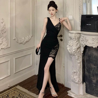 Đầm Dài Hai Dây Dáng Ôm Phối Ren Màu Đen Phong Cách Pháp Thời Trang Quyến Rũ Cho Nữ