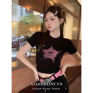 Xiaozhainv Áo Croptop Tay Ngắn Cổ Tròn Dáng Ôm In Họa Tiết Thời Trang Quyến Rũ Cho Nữ Y2K