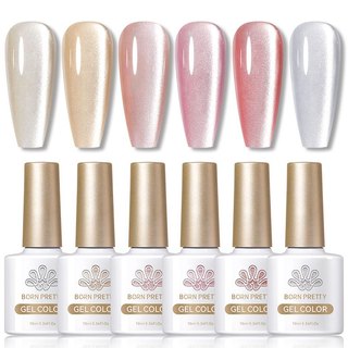 BORN RRETTY Bộ 6 chai Sơn Gel Móng Tay Mắt Mèo Nam Châm Ánh Trăng Màu Hồng Nude Trắng Nửa Dài Thời Gian, Dễ Tháo, Cho UV LED
