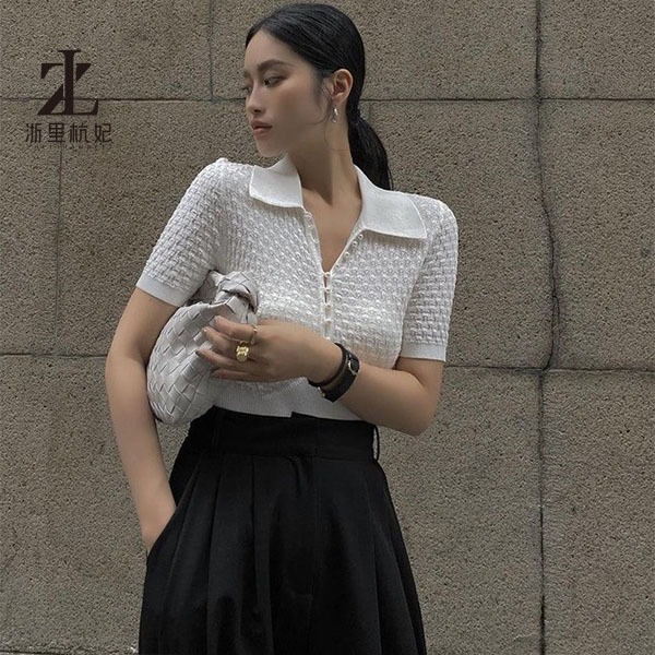 Áo polo dệt kim ZHELIHANGFEI tay ngắn thêu họa tiết đính ngọc trai phong cách thời trang cao cấp cho nữ