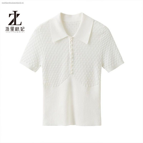 Áo polo dệt kim ZHELIHANGFEI tay ngắn thêu họa tiết đính ngọc trai phong cách thời trang cao cấp cho nữ