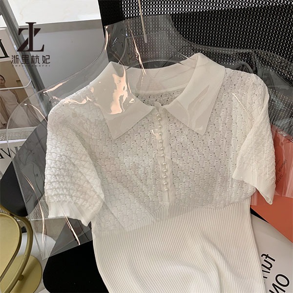 Áo polo dệt kim ZHELIHANGFEI tay ngắn thêu họa tiết đính ngọc trai phong cách thời trang cao cấp cho nữ