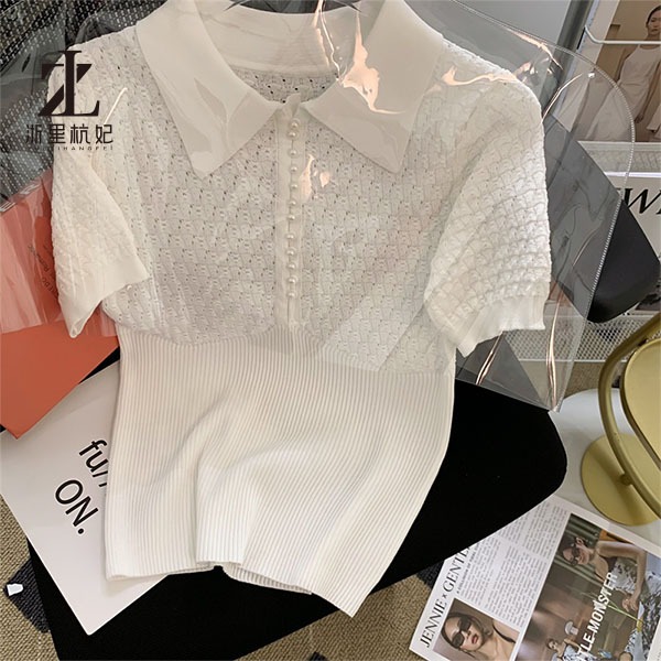 Áo polo dệt kim ZHELIHANGFEI tay ngắn thêu họa tiết đính ngọc trai phong cách thời trang cao cấp cho nữ