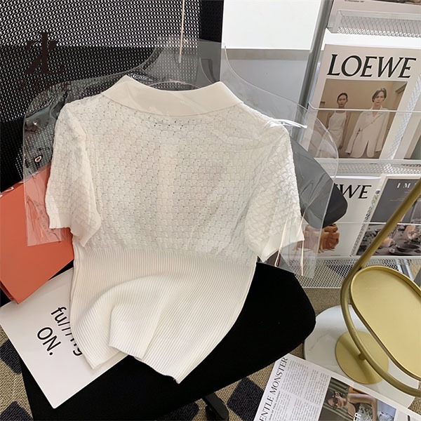 Áo polo dệt kim ZHELIHANGFEI tay ngắn thêu họa tiết đính ngọc trai phong cách thời trang cao cấp cho nữ