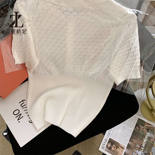 Áo polo dệt kim ZHELIHANGFEI tay ngắn thêu họa tiết đính ngọc trai phong cách thời trang cao cấp cho nữ