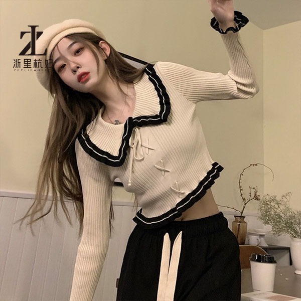 Áo dệt kim ZHELIHANGFEI tay dài cổ búp bê hở eo quyến rũ trẻ trung cho nữ