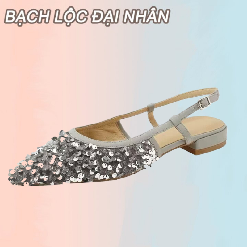 BẠCH LỘC ĐẠI NHÂN✨ Xăng đan Mũi Nhọn Đế Bằng Hở Ngón Đính Kim Sa Lấp Lánh Thời Trang Cho Nữ