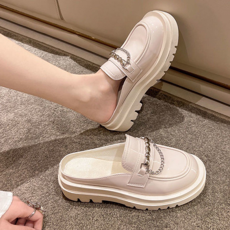One more shoes⭐Dép đi trong nhà nửa đầu Baotou mới dành cho nữ Giày đế dày lười lười có dây xích