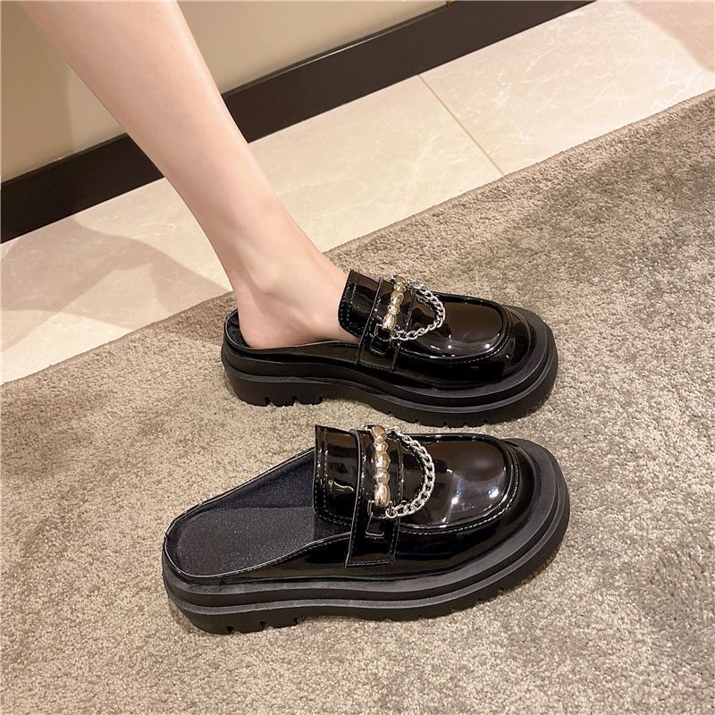 One more shoes⭐Dép đi trong nhà nửa đầu Baotou mới dành cho nữ Giày đế dày lười lười có dây xích