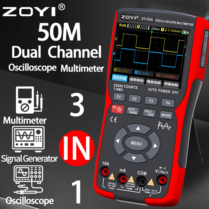 ZOYI ZT-703S 3 trong 1 kênh đôi 50MHz Oscilloscope 25000 Đếm kỹ thuật số vạn năng 280MS/s Tester