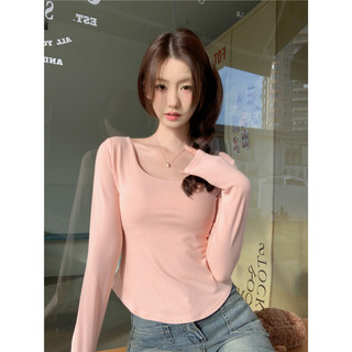 NZN Áo thun dài tay cổ chữ U mỏng thời trang Hàn Quốc có lớp đế viền cong