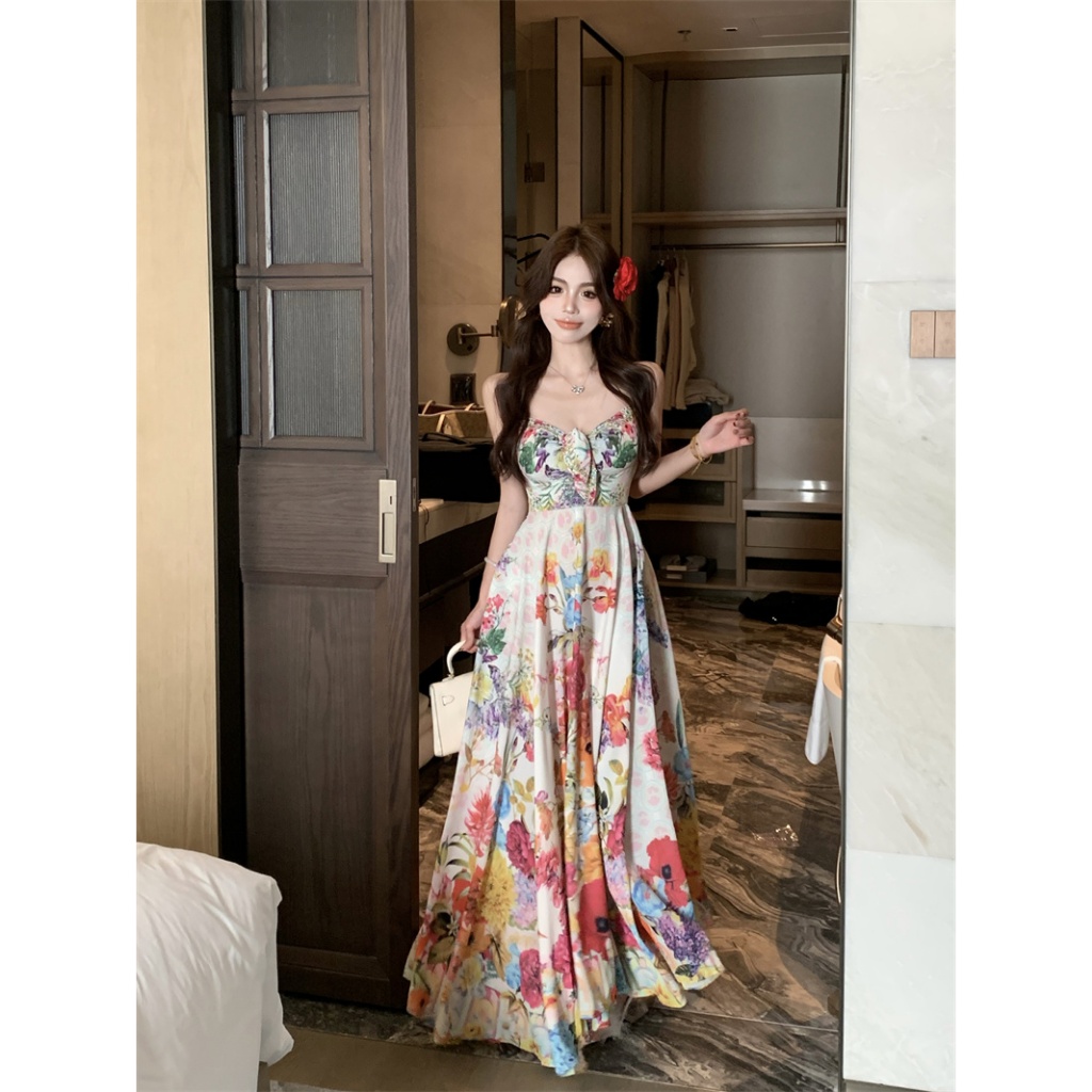 Jumpsuit Hai Dây Dáng Dài Lưng Cao Họa Tiết Hoa Nhiều Màu Sắc