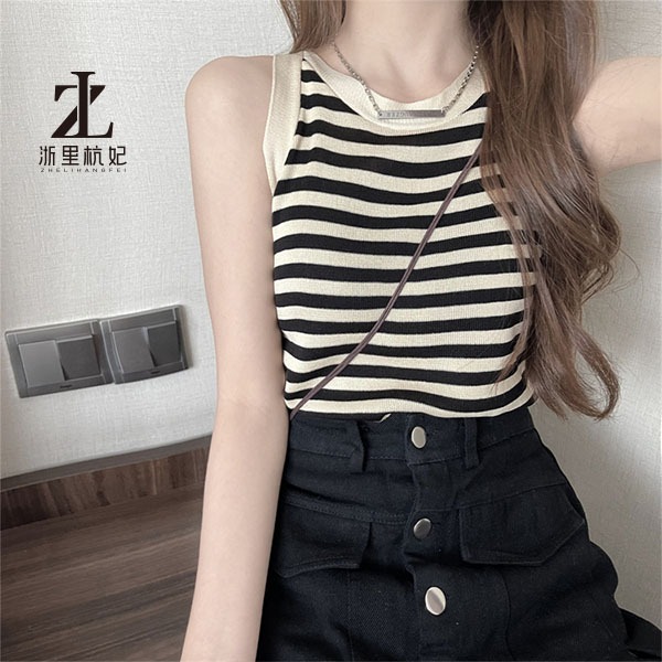ZHELIHANGFEI Áo dệt kim hai dây họa tiết kẻ sọc phong cách cổ điển thời trang mùa hè cho nữ | BigBuy360 - bigbuy360.vn