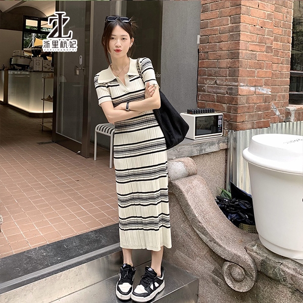 Đầm maxi dệt kim ZHELIHANGFEI tay ngắn cổ polo họa tiết kẻ sọc phong cách Hàn Quốc thời trang mùa hè