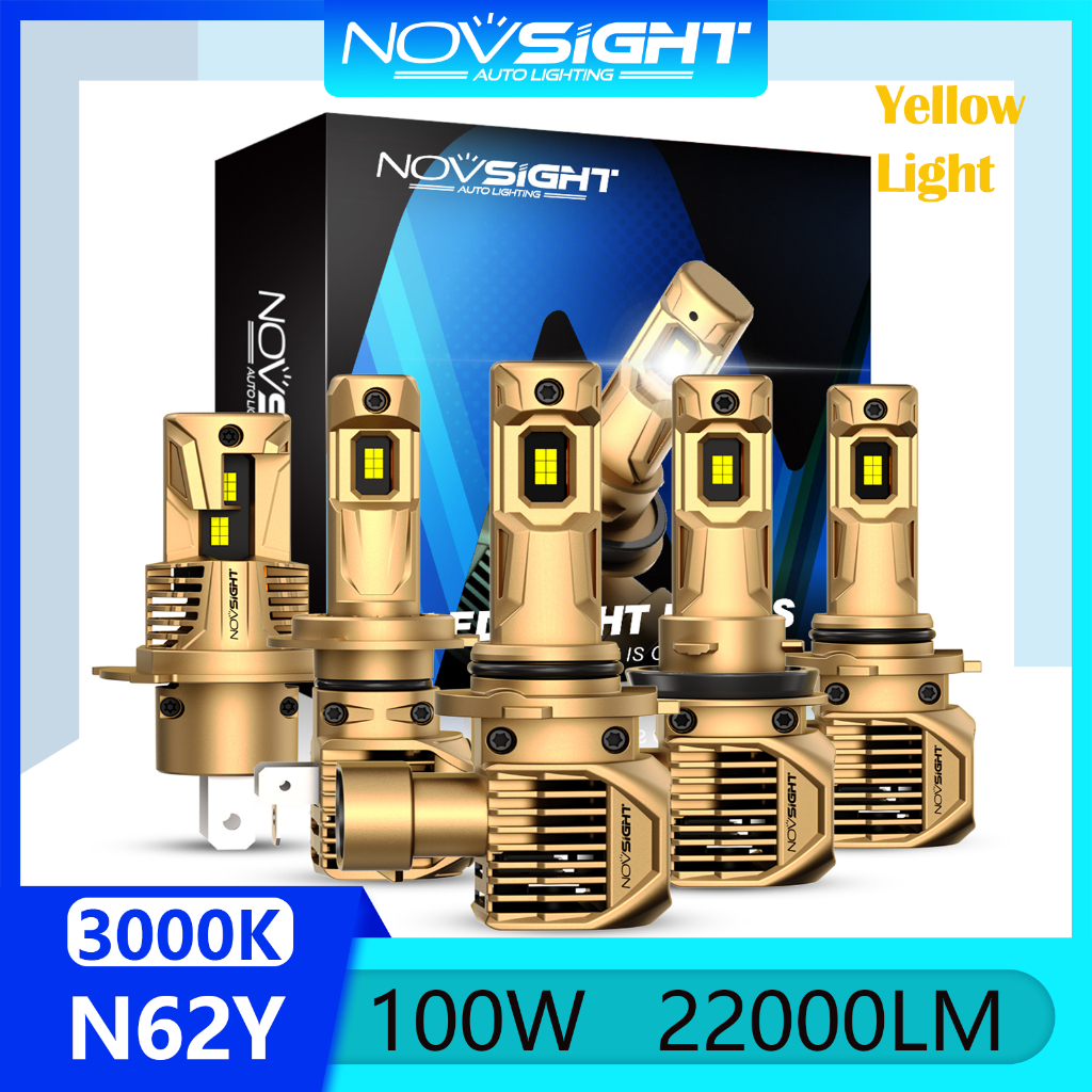 Đèn Vàng 2 Bóng Đèn Pha LED Novsight N62Y 9005 9006 H4 H7 H11 Đèn LED Ô Tô Chùm Cao/Chùm Thấp Đèn Sương Mù 100W 22000LM 3000K Siêu Sáng Cắm Và Chơi