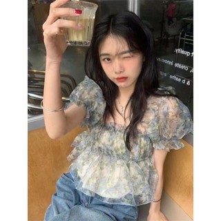 ZHELIHANGFEI Áo Chiffon Tay Ngắn Phồng Hở Vai In Hoa Thời Trang Dành Cho Nữ