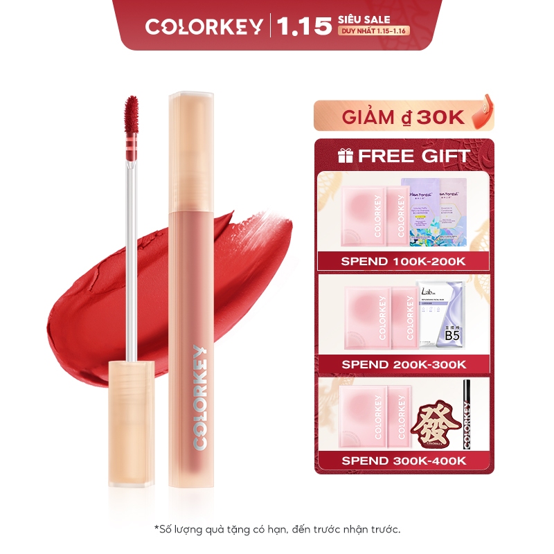 COLORKEY Watery Matte Lip Tint, Son Watertint, chất son tint bóng nước sau 40 giây lớp tint bóng sẽ trở thành lớp nhung mờ lì không trôi, 1 cây son 1.8g