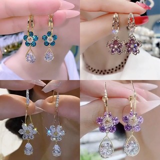 Bông tai s925 hình cánh hoa đính đá pha lê tím thời trang cho nữ