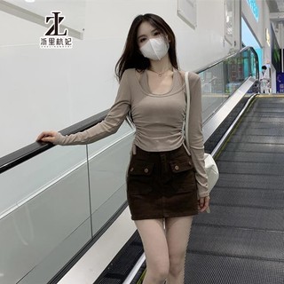 ZHELIHANGFEI Áo Thun Dài Tay Phối Dây Rút Thiết Kế Quyến Rũ Thời Trang