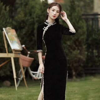 Sườn xám Đầm Dự Tiệc Cưới Trung Quốc Cổ Điển Mới bằng nhung màu đen mùa thu và mùa đông Đầm sườn xám dài xẻ cao
