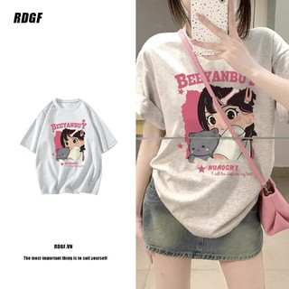  RDGF Áo Thun cotton Cổ Tròn Tay Ngắn In Họa Tiết Hoạt Hình Phong Cách Hàn Quốc Cho Nữ 240115 