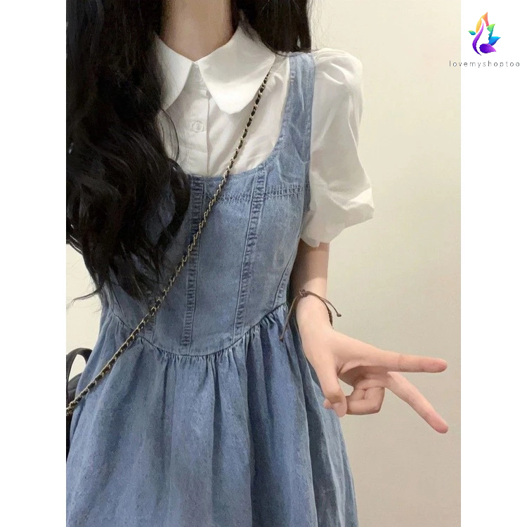 Trangch ch Set Áo Sơ Mi Tay Phồng + Váy Yếm Denim Phong Cách Preppy Hong Kong Dễ Phối Đồ