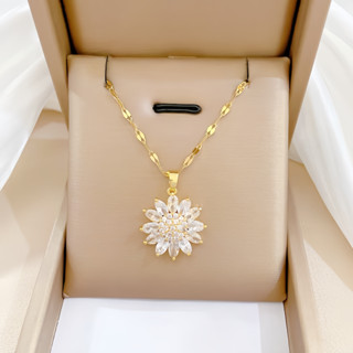 Dây Chuyền Bằng Thép Titan Mạ Vàng Hình Hoa Hướng Dương Đính Kim Cương Giả Sang Trọng