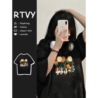 「RTVY」Áo Thun Nữ Tay Ngắn Cổ Tròn Dáng Rộng In Hình Trắng Đen Phong Cách Hàn Quốc Thời Trang