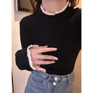 Áo giữ nhiệt thun cổ và tay mix ren thiết kế mới thời trang theo phong cách Nhật Bản dành cho nữ Hàng