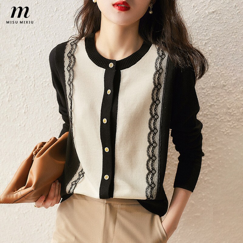 Áo Cardigan Dệt Kim Tay Dài Cổ Tròn Phối Ren Thời Trang 2024 Thanh Lịch Cho Nữ