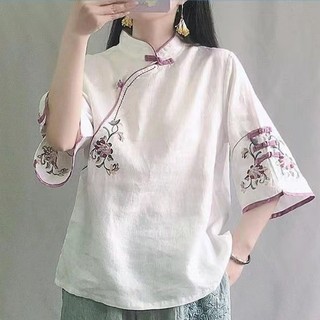 Áo kiểu sườn xám tay dài dáng rộng thêu hoa kiểu vintage trung hoa dễ thương cho nữ