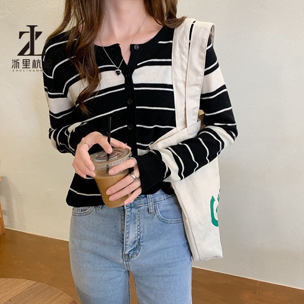 Áo cardigan ZHELIHANGFEI dệt kim tay dài dáng rộng lưng cao kẻ sọc thời trang tùy chọn màu sắc