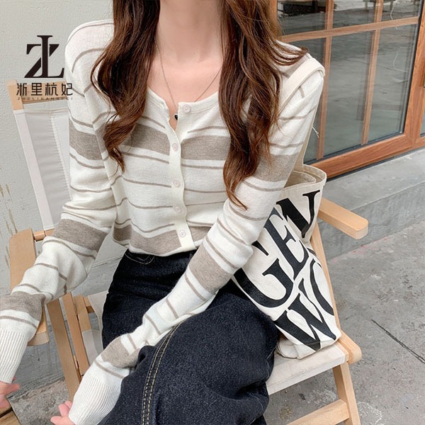 Áo cardigan ZHELIHANGFEI dệt kim tay dài dáng rộng lưng cao kẻ sọc thời trang tùy chọn màu sắc
