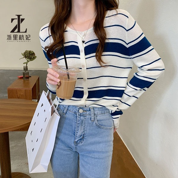 Áo cardigan ZHELIHANGFEI dệt kim tay dài dáng rộng lưng cao kẻ sọc thời trang tùy chọn màu sắc