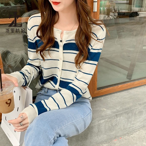 Áo cardigan ZHELIHANGFEI dệt kim tay dài dáng rộng lưng cao kẻ sọc thời trang tùy chọn màu sắc