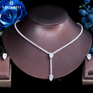  SEQUITO Duyên Dáng Giọt Giọt Nước Dài Mặt Dây Chuyền Bông Tai Bộ Kẻ Sọc AAAAA Trắng Cubic Zircon Nữ Mạ Bạch Kim Bộ Trang Sức Cho Phụ Kiện Đầm JS247 