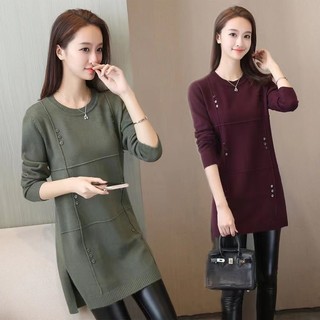 Váy len dài trung dài Mùa Thu Đông - Áo len dài tay kiểu Hàn Quốc thoải mái, Áo len rộng cỡ lớn, Áo len cổ cao, Áo len nữ.