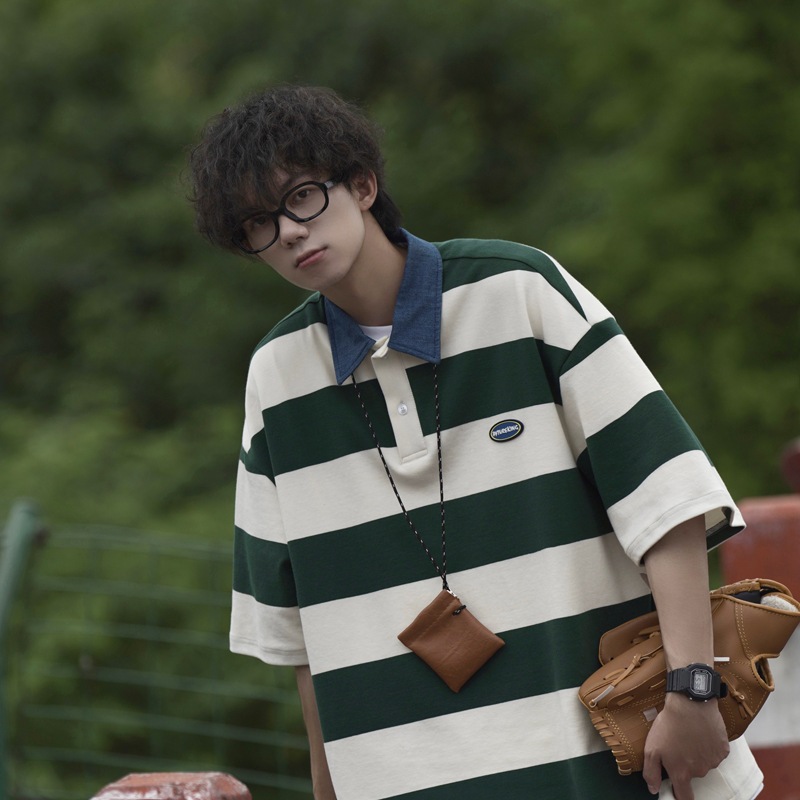 Áo thun polo trẻ trung, áo thun nam ngắn tay sọc ngang kiểu Nhật, áo thun cotton học sinh nam cityboy